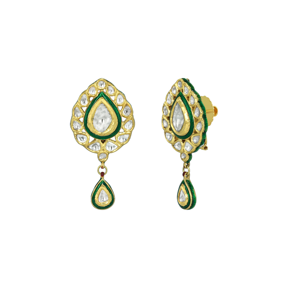 Teardrop Polki Earrings with Green Enamel